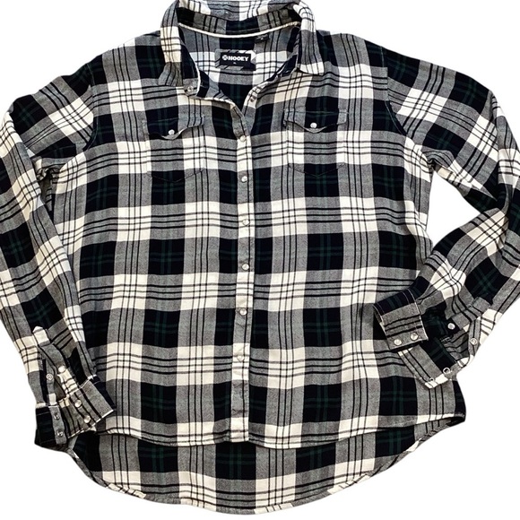 Hooey Long Sleeve Plaid Snap Closure Shirt, Black & White with Green Stripe XL - Picture 1 of 14